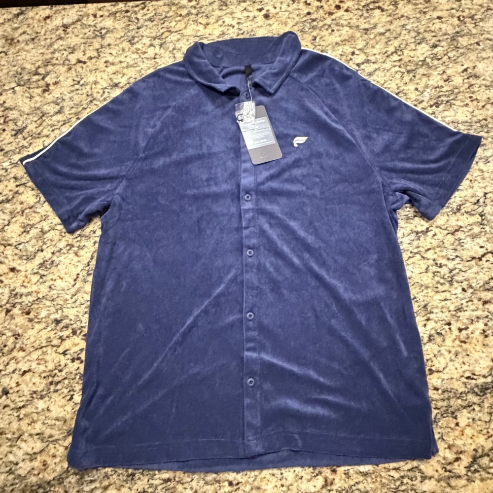 Fabletics The Island Terry Button Up Shirt Women L Navy Blue Short Sleeve Polo